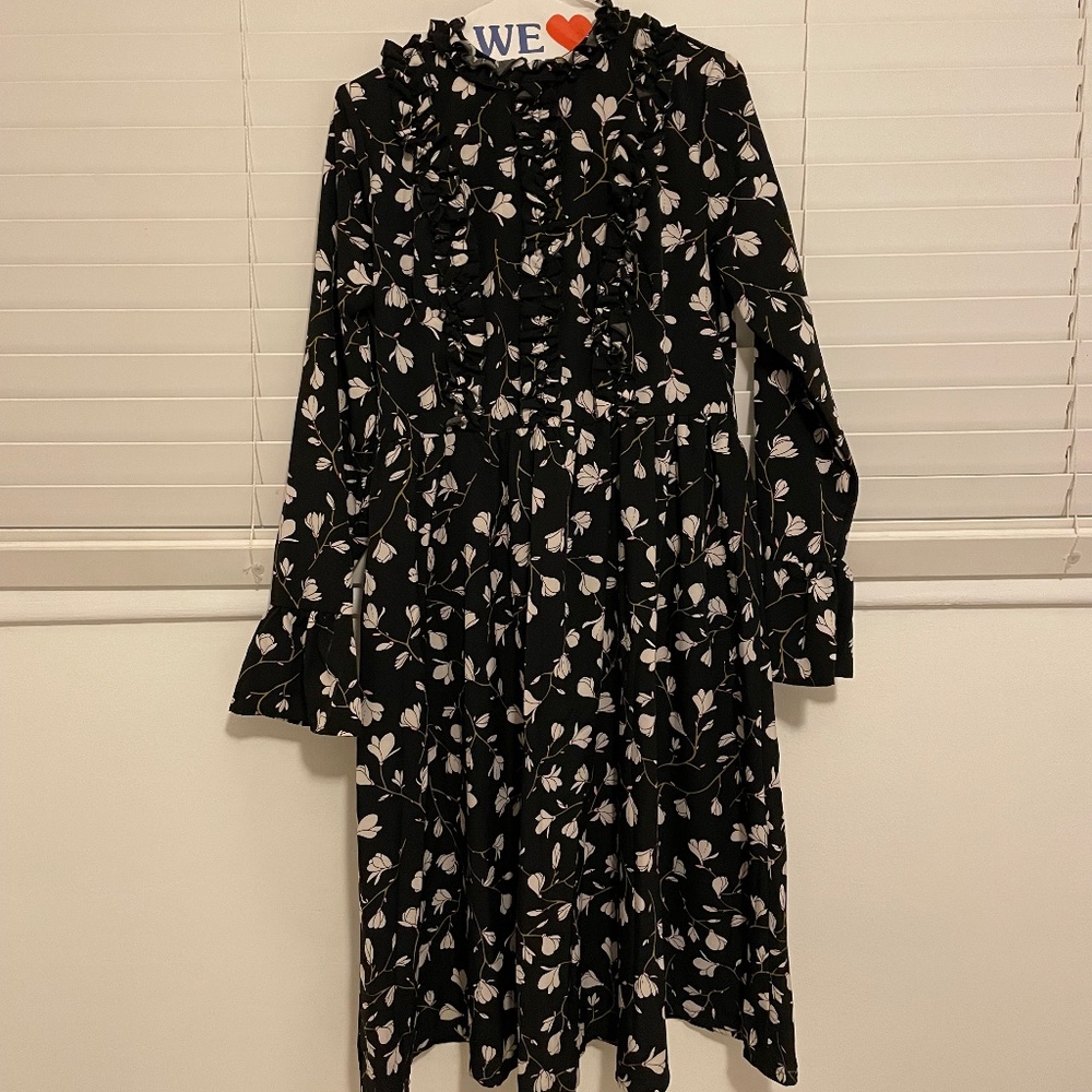 Black floral dress with ruffle neck